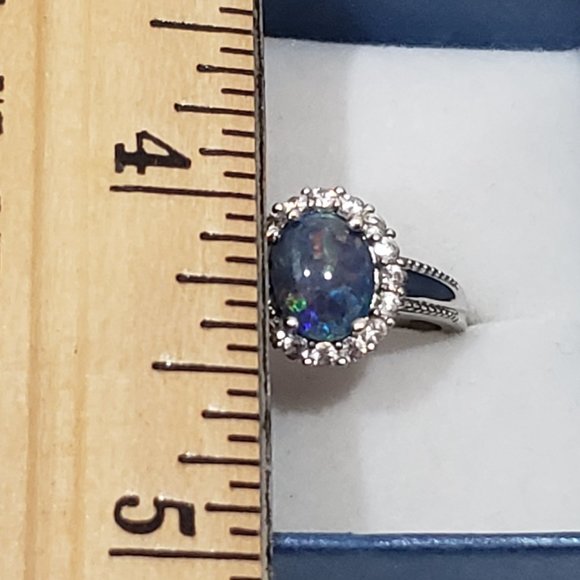 Boulder Opal & White Zircon Halo Ring in Platinum over 925 SS 1.85 cts sz 8 - Picture 2 of 6